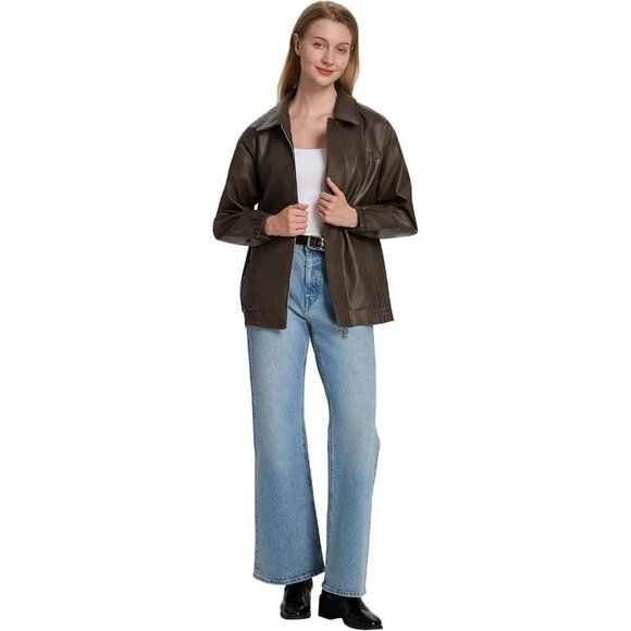 Women's Brown Faux Leather Zip-Up Jacket with Elastic Cuffs and Collar - Picture 2 of 7